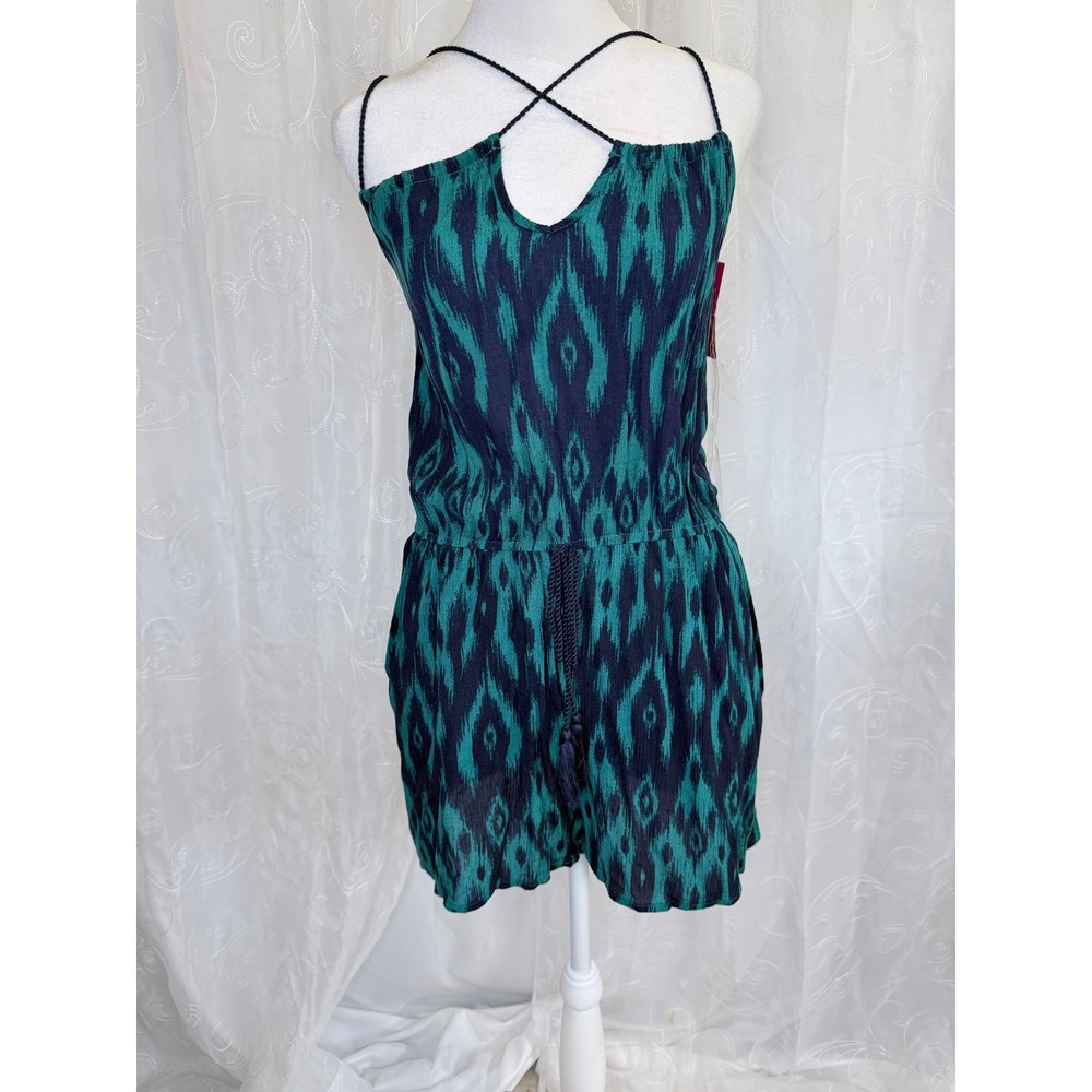 Xhilaration Teal Navy Ikat Print Romper XS Sleeveless Tassel Pockets Summer